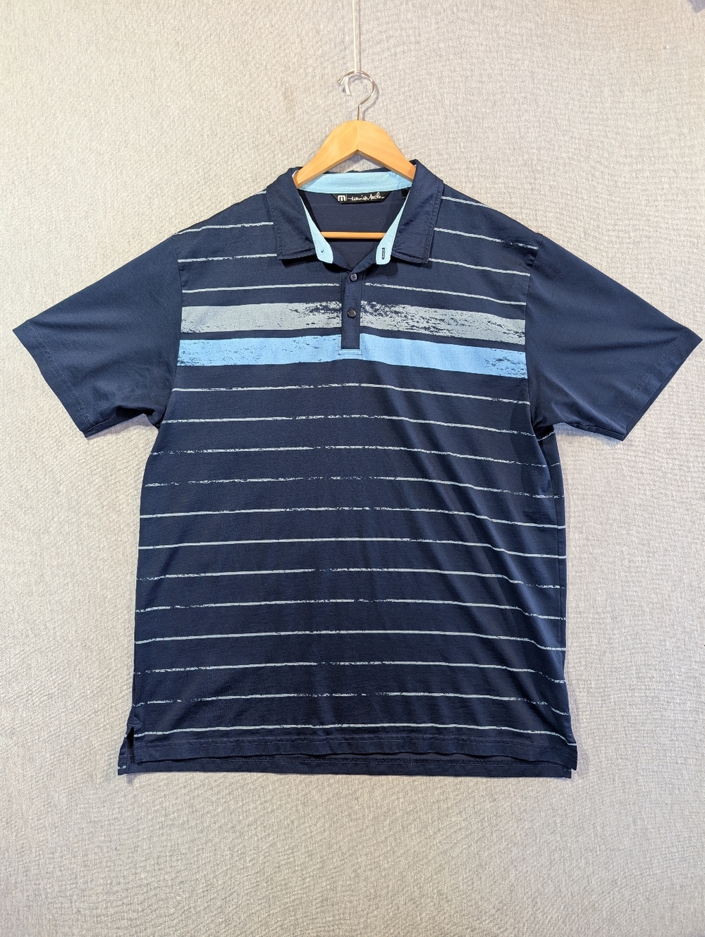 Travis Mathew Golf Polo Shirt Men's XL Blue Striped Pima Cotton